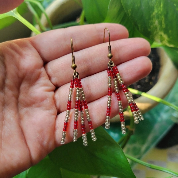 Vintage Bohemian Red & Gold Beaded Drop Earrings - Picture 5 of 8